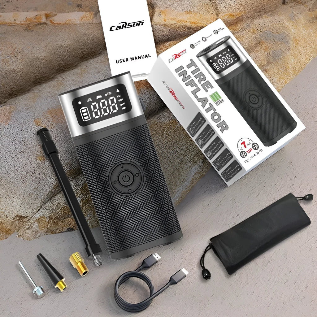 Black portable wireless vehicle air pump with 15cm tube, multiple nozzles, and USB charging cable