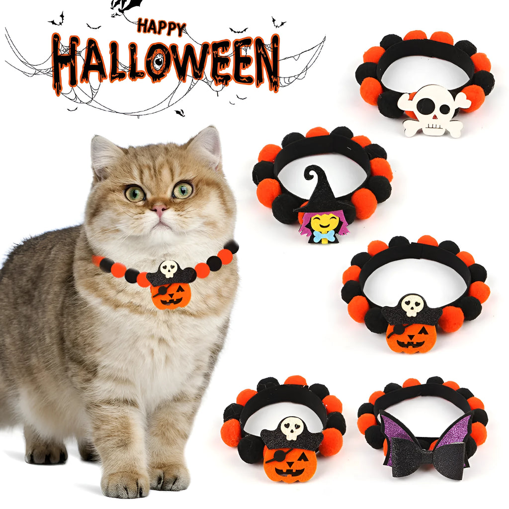 Halloween pet collar with fur ball pumpkin accessory in six festive designs for cats and dogs