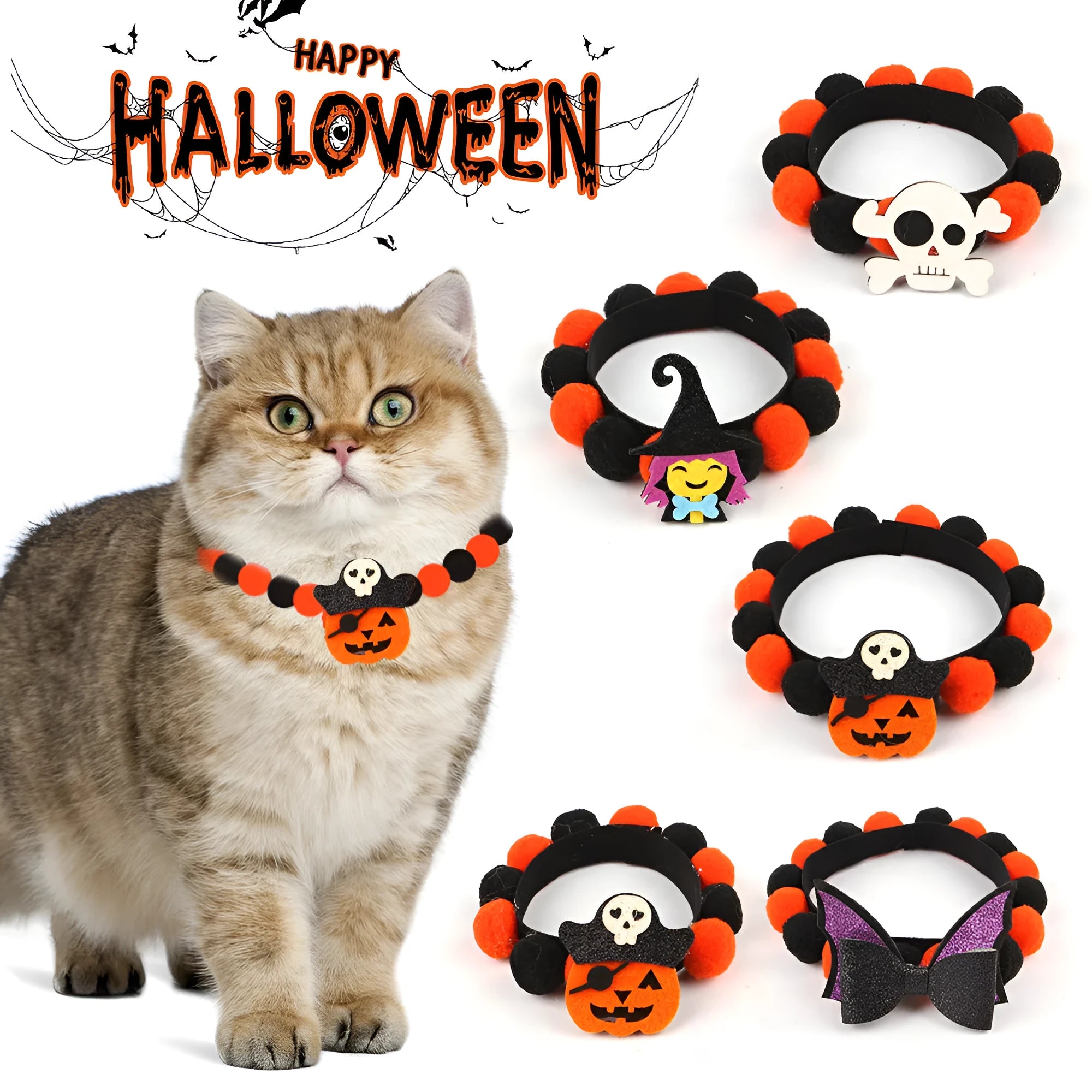 Halloween pet collar with fur ball pumpkin accessory in six festive designs for cats and dogs