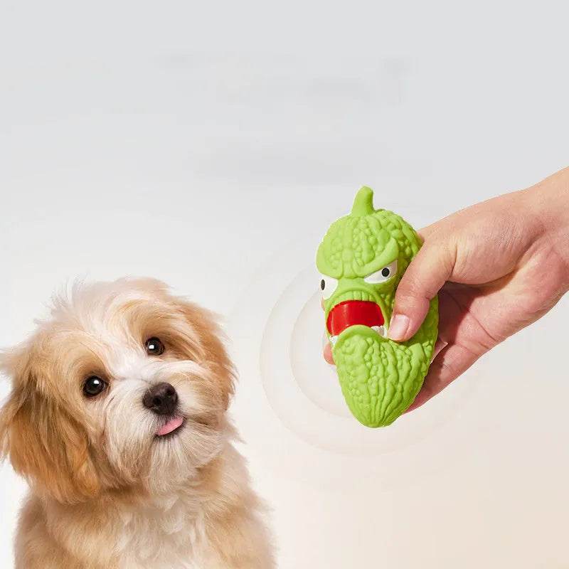 Bitter melon and chilli shaped dog chew toys with squeakers for dental care and boredom relief