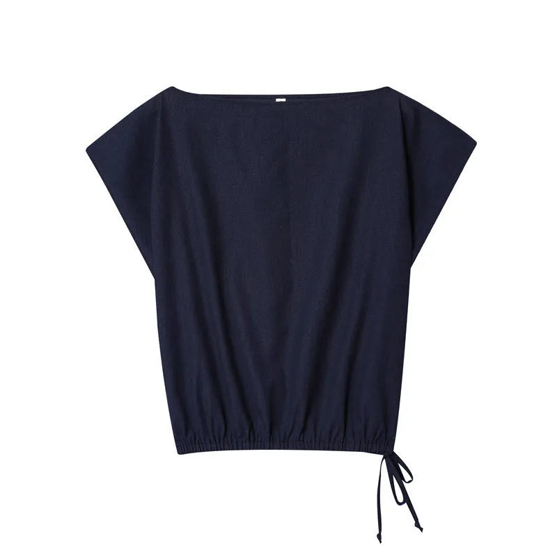 Women's linen blend off-neck shirt with flounced sleeves and matching wide leg trousers coordinated set