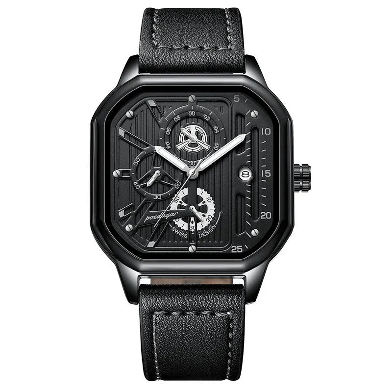 Men's sport watch with belt-style strap, 8mm thick case in gold or silver finish with black dial