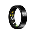 Black ceramic smart ring for heart rate, SpO2, and sleep monitoring on a finger