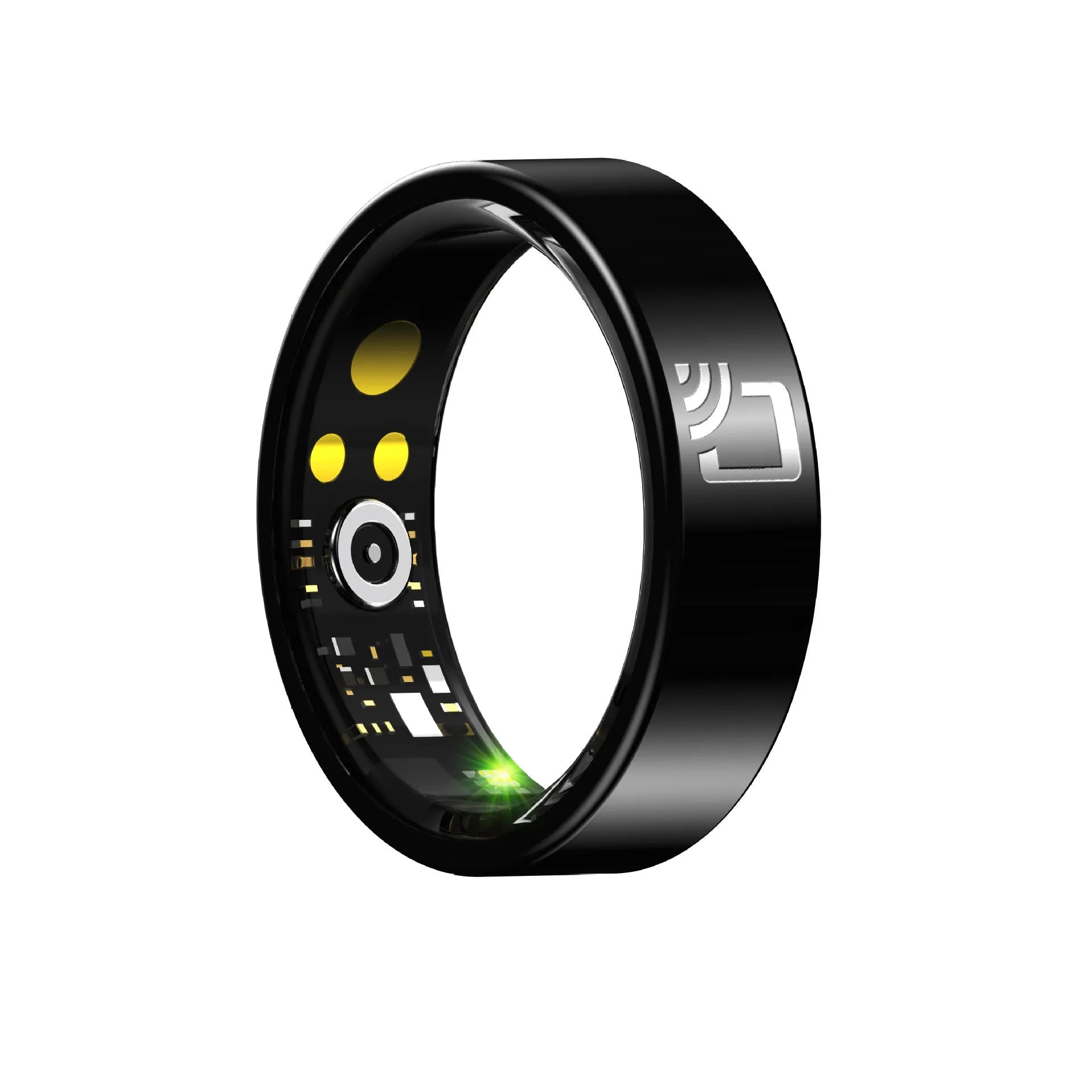 Black ceramic smart ring for heart rate, SpO2, and sleep monitoring on a finger