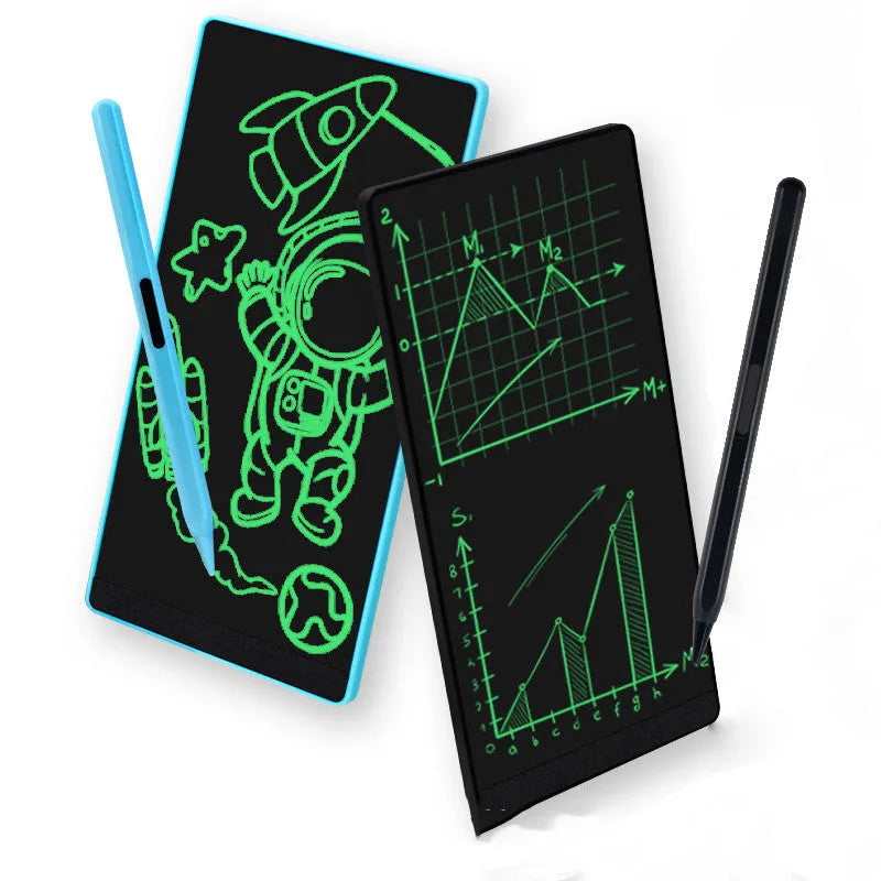 Blue LCD handwriting board with stylus on a 6.5-inch screen showing handwritten numbers