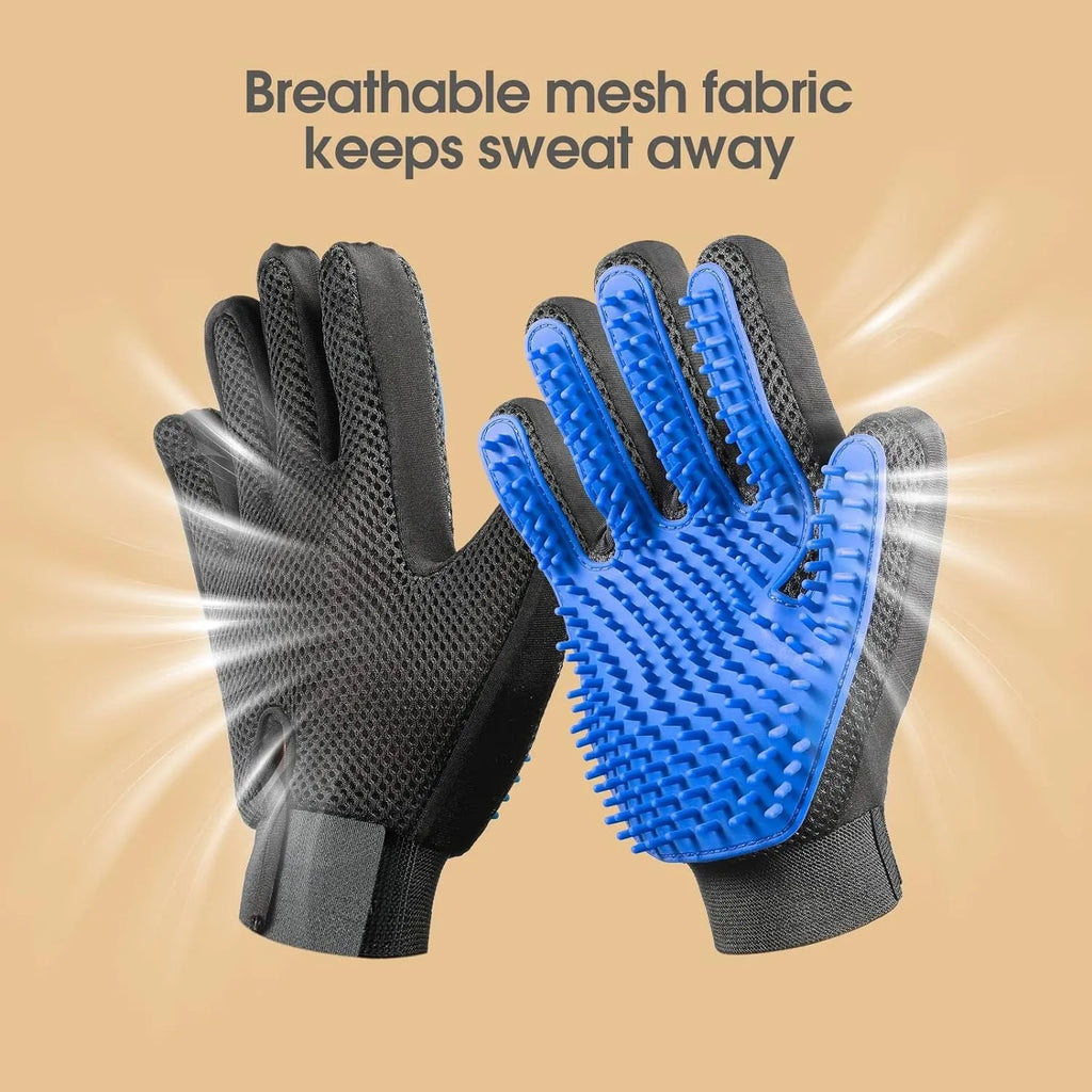 Blue pet grooming glove with silicone tips for dog and cat hair removal