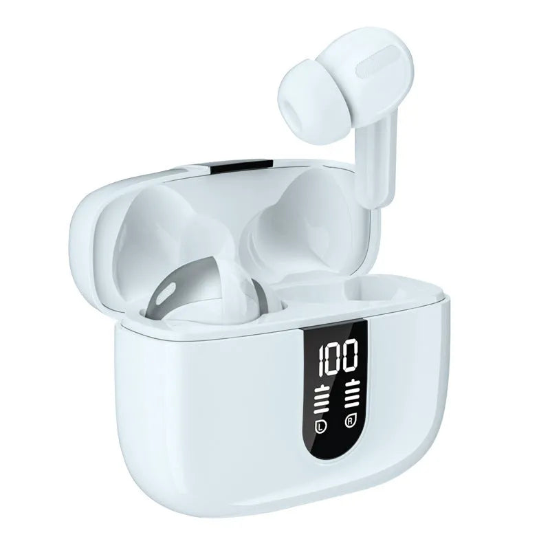 Jerry X08 black wireless in-ear headphones with digital display charging case.