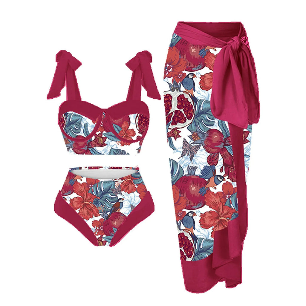 Women's printing split swimsuit three-piece set showing skirt, bra and panties in polyester fabric