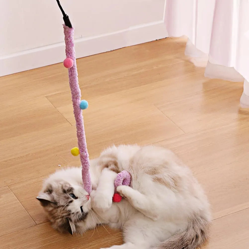 Cat wand toy with colourful fluffy ball and bell on 60cm plush strip attached to 41cm pole