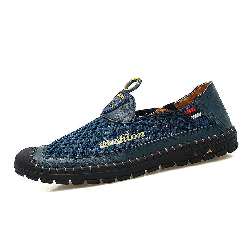 Men's brown breathable mesh casual shoes with rubber sole and stitching details