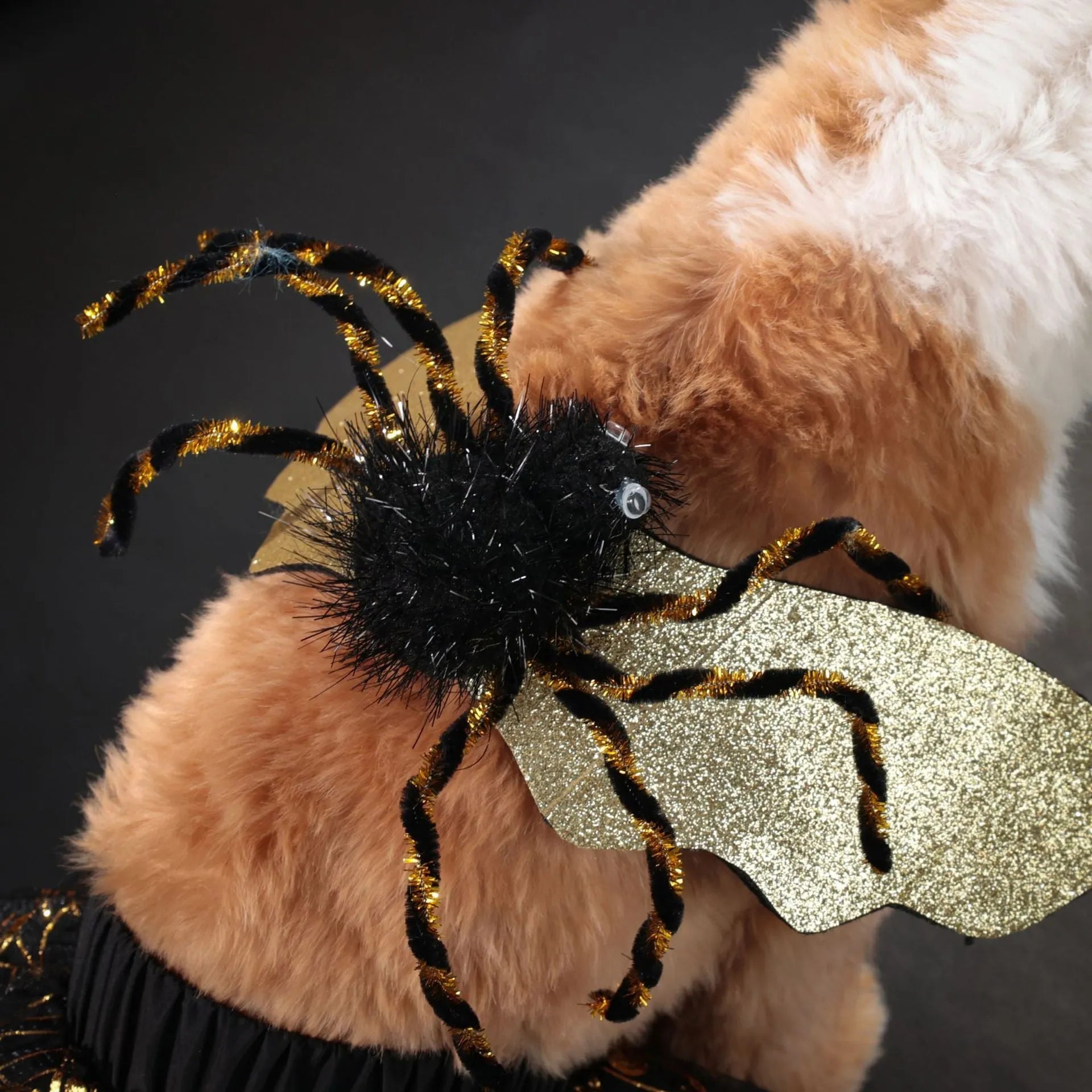 Halloween dog costume suit in polyester fabric shown on a pet, available in sizes S, M, L, and XL