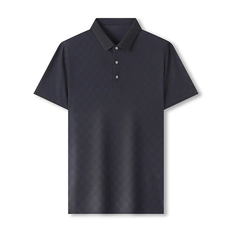 Rhombus Thin Ice Silk short sleeve T-shirt in black, showing slit design detail on a hanger.