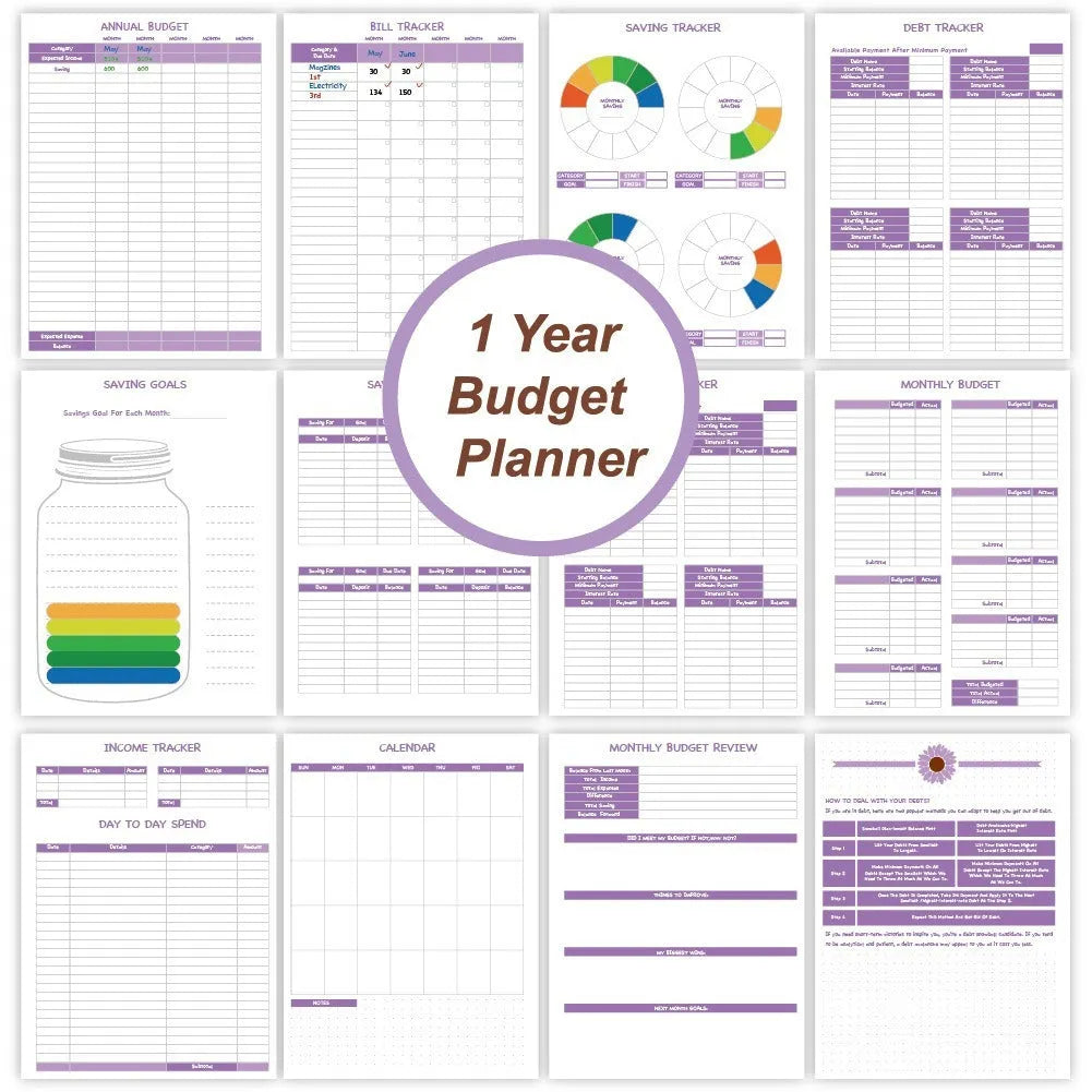 Purple coil-bound financial planning notebook with pen and stickers on a desk.
