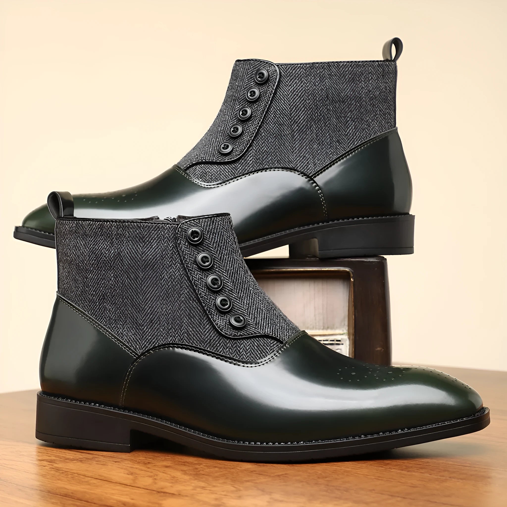 Men's brown and green retro leather shoes with side zipper and square toe for business wear