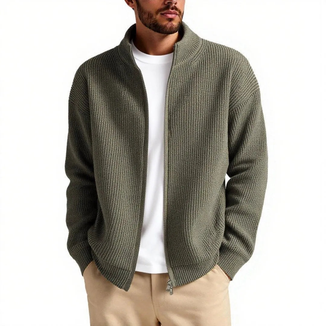 Loose fit men's cardigan sweater in an acrylic blend fabric on a hanger