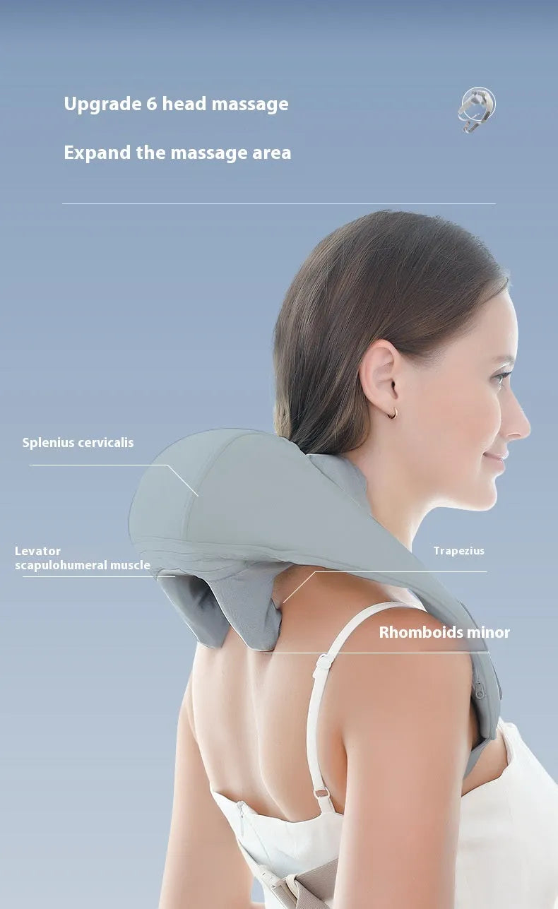 Grey USB-powered neck and back massager with elastic fabric and two-speed controls