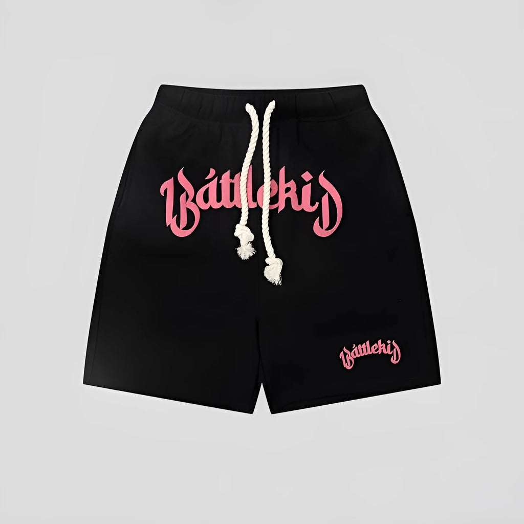 Loose-fit cropped sweatpants-style hip hop shorts in cotton blend fabric on a neutral background