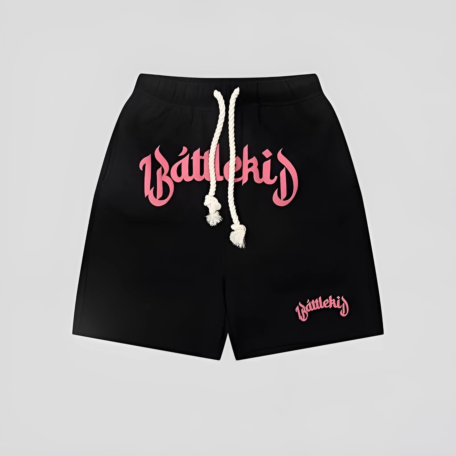 Loose-fit cropped sweatpants-style hip hop shorts in cotton blend fabric on a neutral background