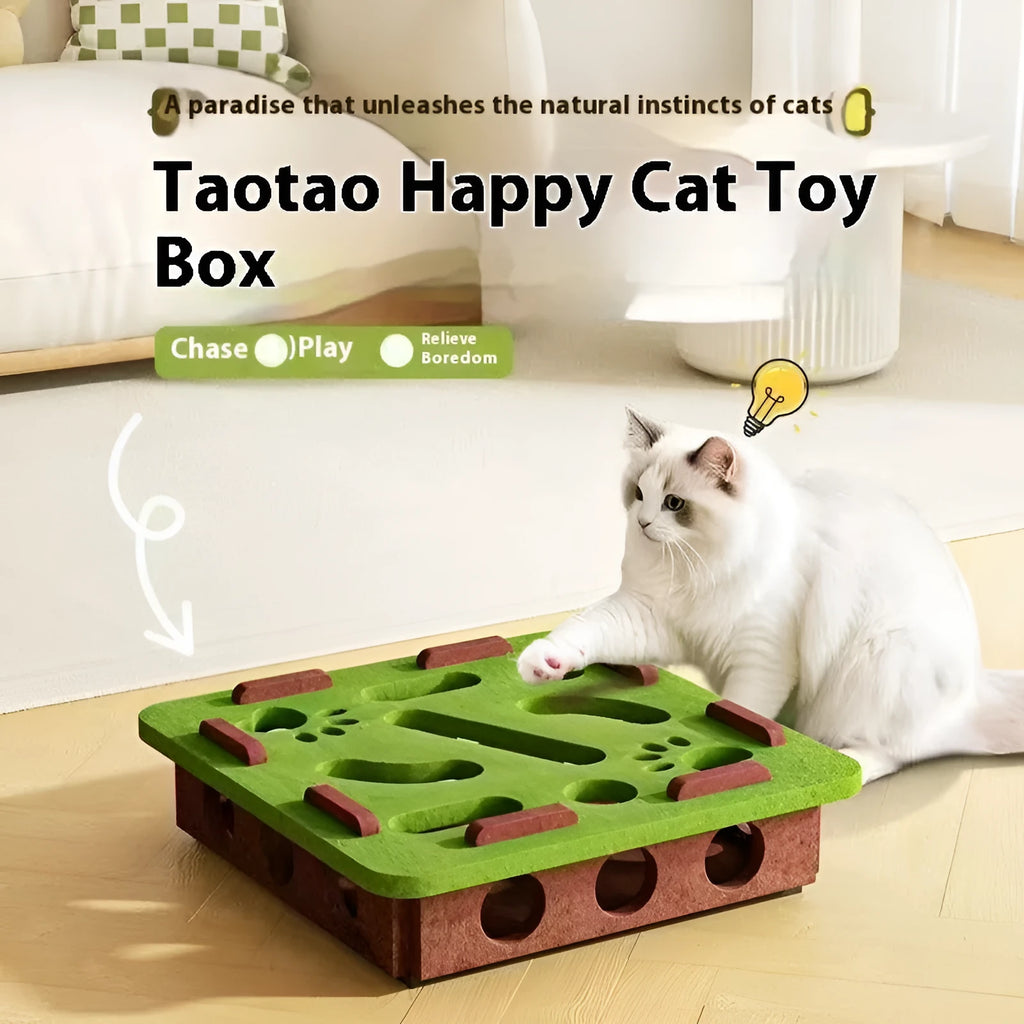 Square felt cat toy with central hole in green brown, camel white, or grey colour