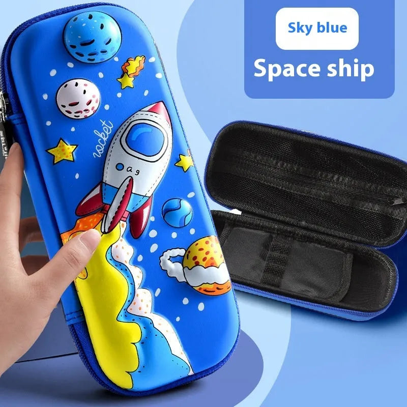 3D leather pencil case showing embossed astronaut and dinosaur design options.