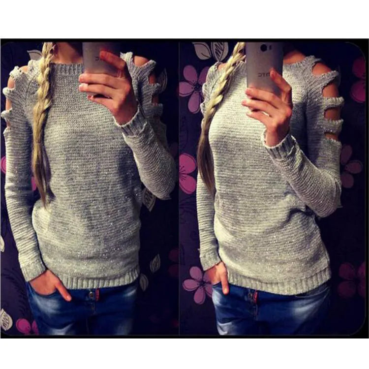 Women's grey crocheted hollow-out long-sleeved shirt with a round neckline.