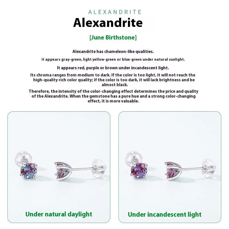 Women's sterling silver geometric ear studs with round design in cultivate Alexandrite colour