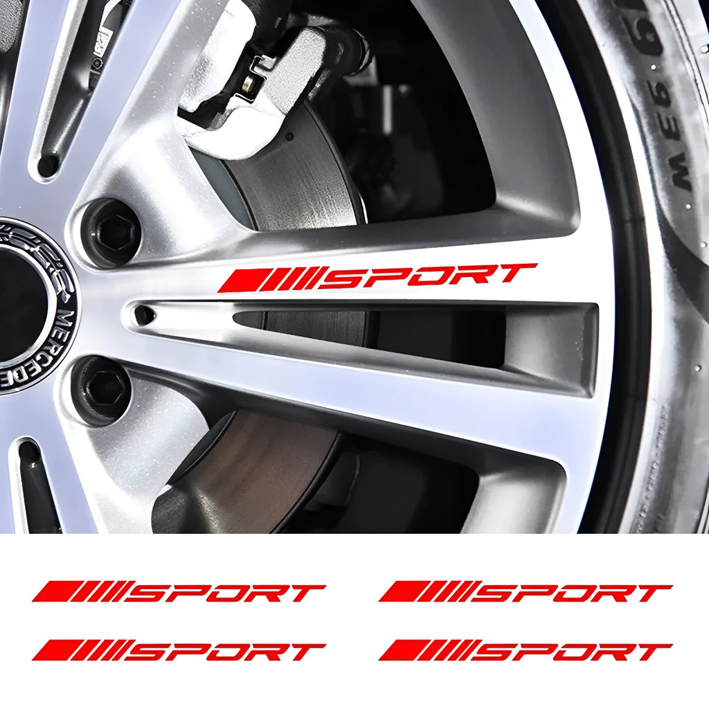 PET car rim sticker with hollow sports design in red, shown next to a 10 cm ruler.