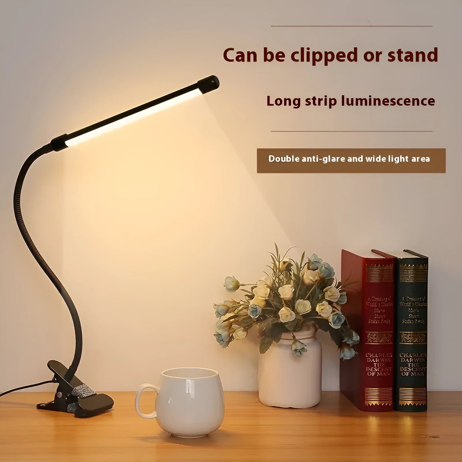 Black or white USB-powered LED desk lamp with 26cm length for student study.