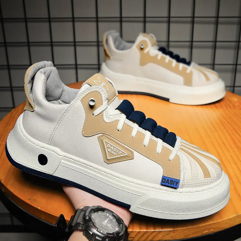 Men's beige casual sneakers with elastic band fastening and microfiber upper