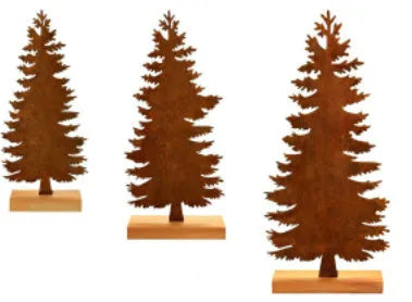 Set of three rustic metal Christmas ornaments featuring elk and tree silhouettes with an aged iron finish.