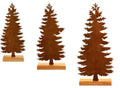 Set of three rustic metal Christmas ornaments featuring elk and tree silhouettes with an aged iron finish.