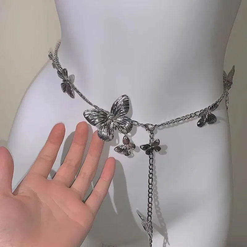 Gold or silver alloy waist chain with butterfly motif, 104cm length women's fashion accessory