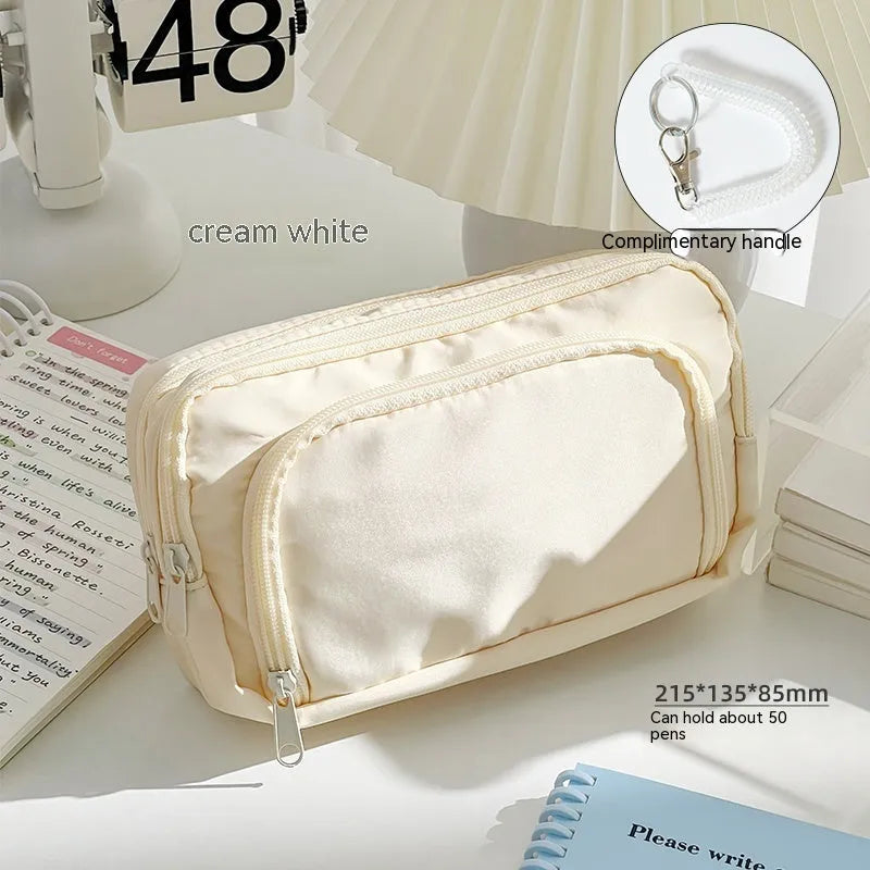 Double layer pencil case for exam stationery with gift handle in blue, cream, green or pink solid colours