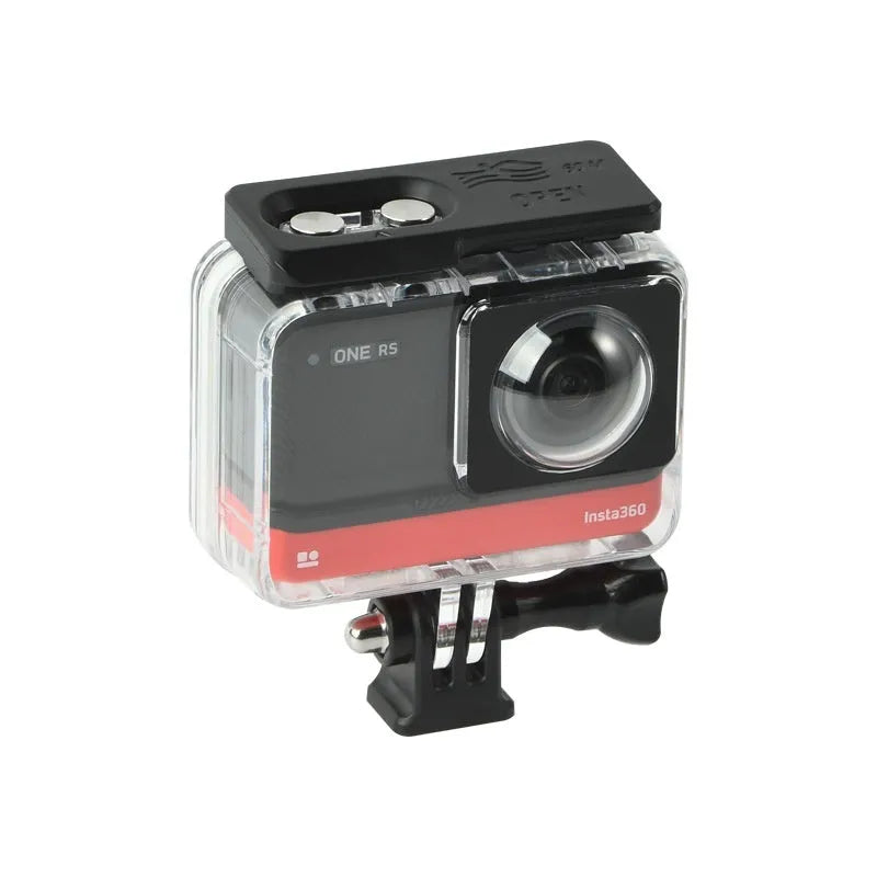 Transparent waterproof case for Insta360 One RS panoramic camera showing dimensions