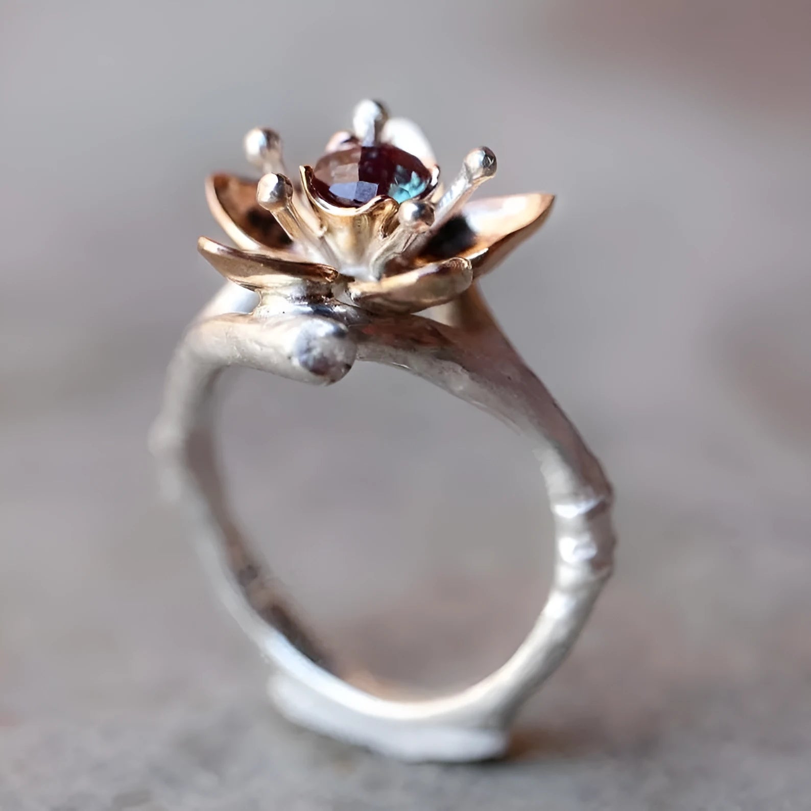 Silver two-tone floral geometric alloy women's ring available in sizes 5 to 11