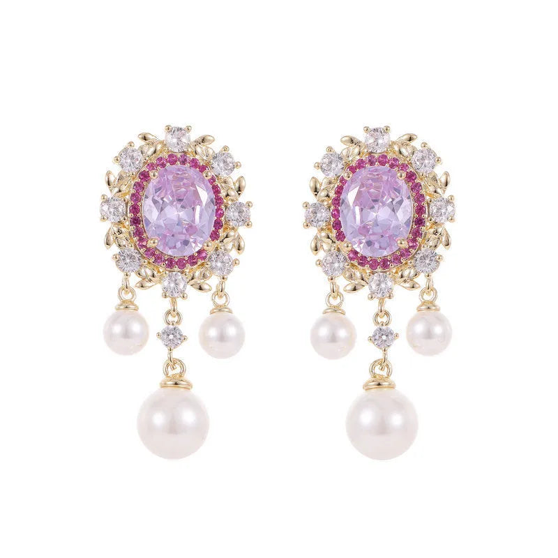 Oval geometric zircon inlaid pearl tassel earrings in light purple, pink, white, or light blue