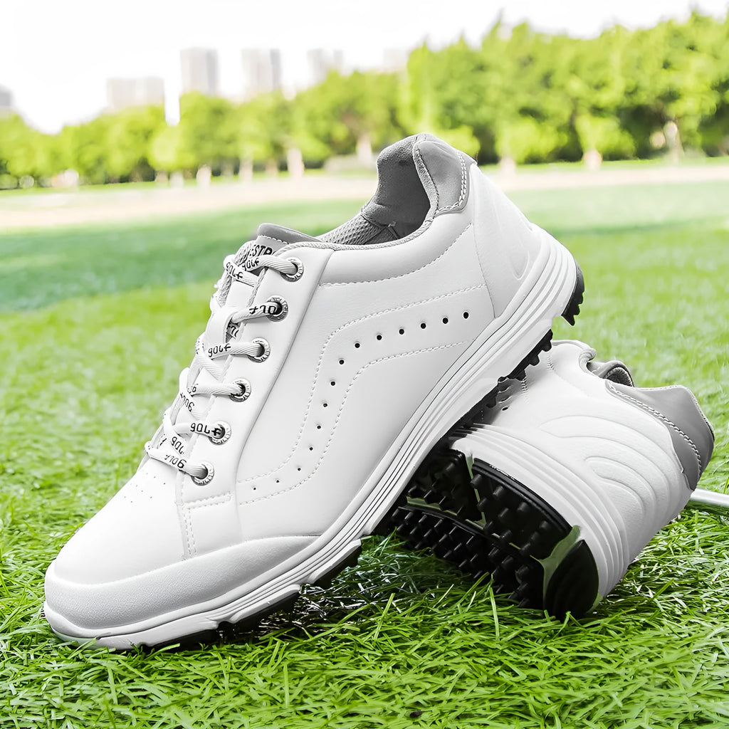 Men's nail-free golf shoes in white, synthetic leather upper, sizes 39 to 48, for golf and hiking