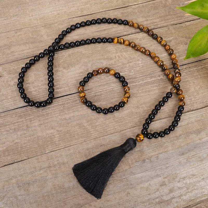 Tiger eye stone tassel pendant on ball bead chain necklace with national style design
