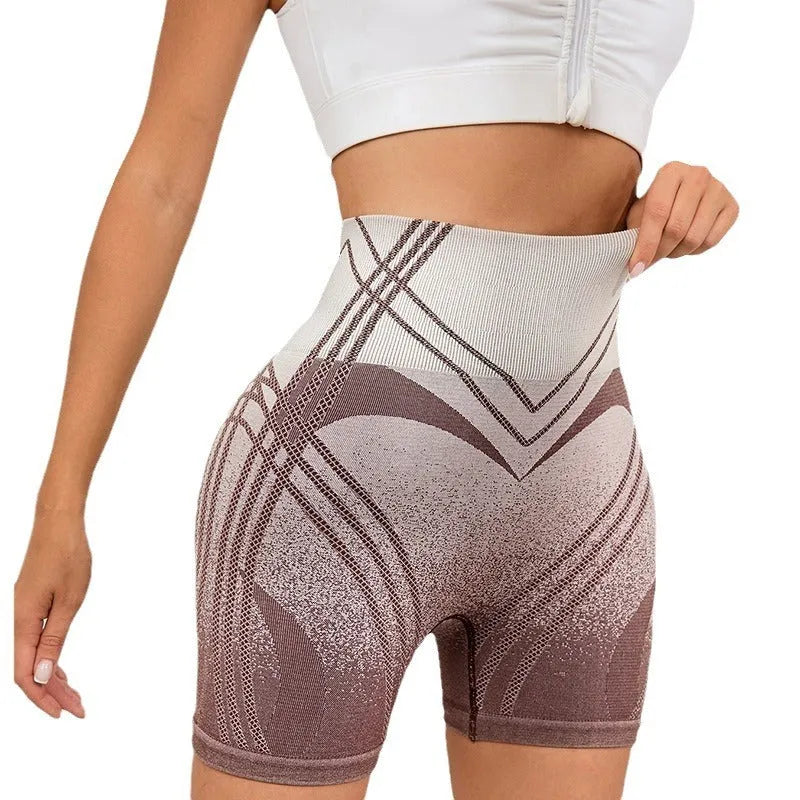 Women's black gradient high-waisted fitness shorts for yoga and running.