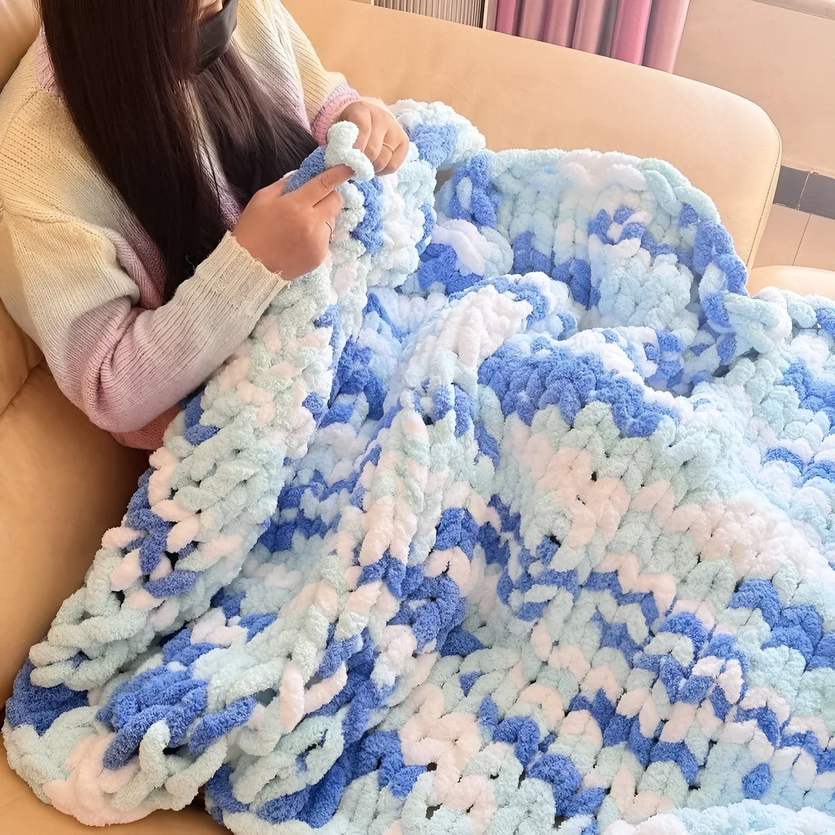 Chenille knitted braided gravity blanket in modern simple style showing textured coarse yarn construction