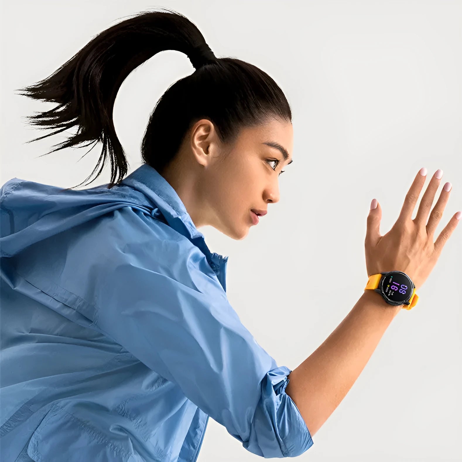Smart watch with dual band GPS, 1.43-inch screen, and silicone strap in black, white, or blue