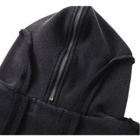 Black men's cotton hooded cardigan coat with abstract pattern and zip front.