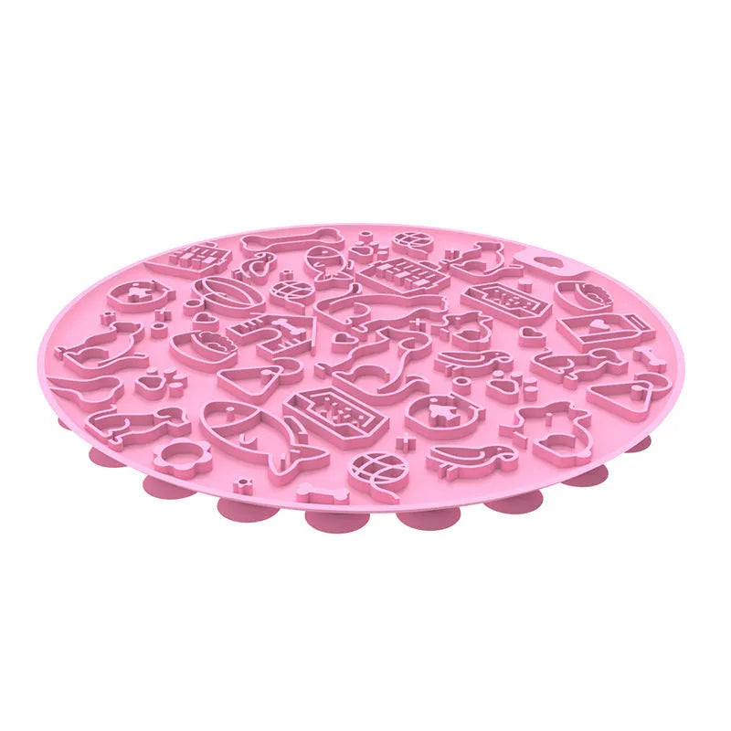Round blue silicone pet licking mat with textured surface and a suction cup on the base.
