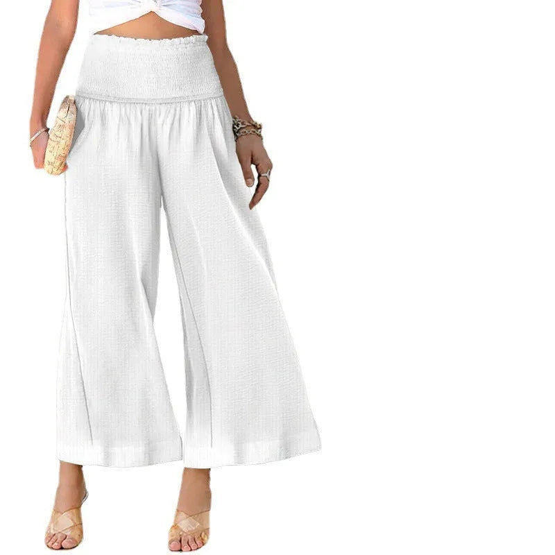 Women's cotton trousers with high waist pleating in straight-leg cropped style