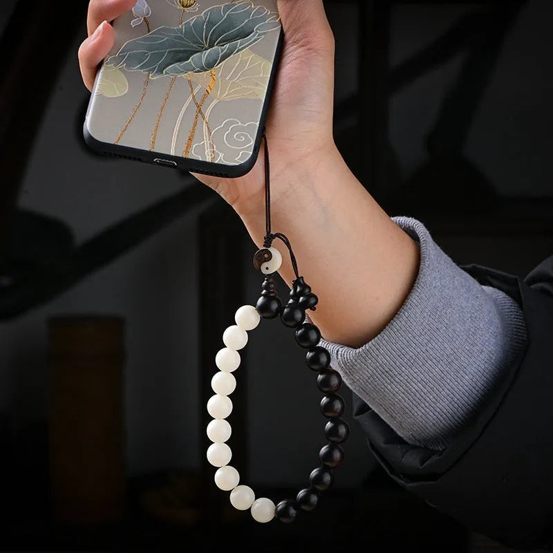 Handmade bodhi seed bracelet with 11mm mixed yuan beads including white palm seeds and carved blackwood elements