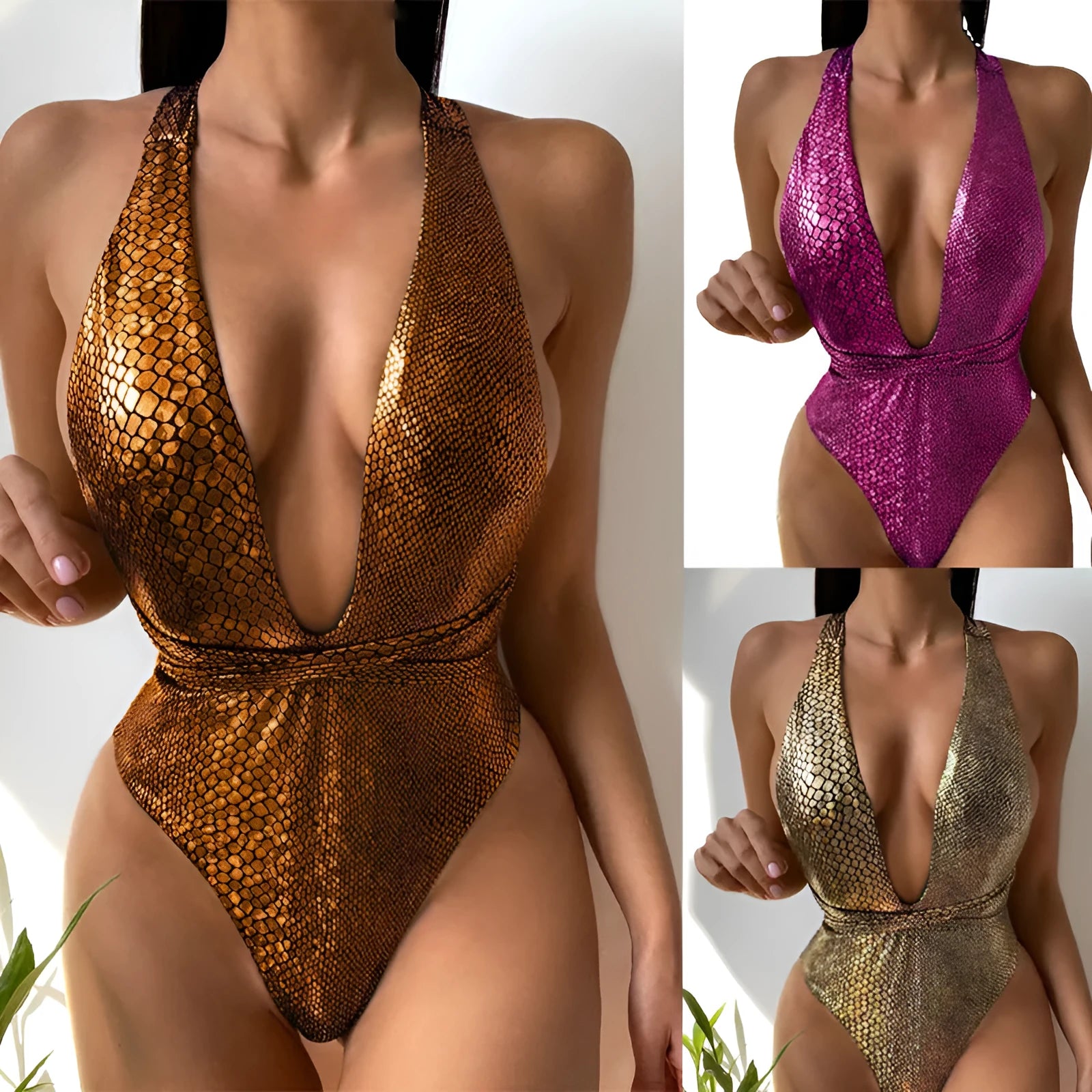 Women's solid colour sequined one-piece bikini swimsuit on a mannequin, showing rose red, gold, and green colour options.