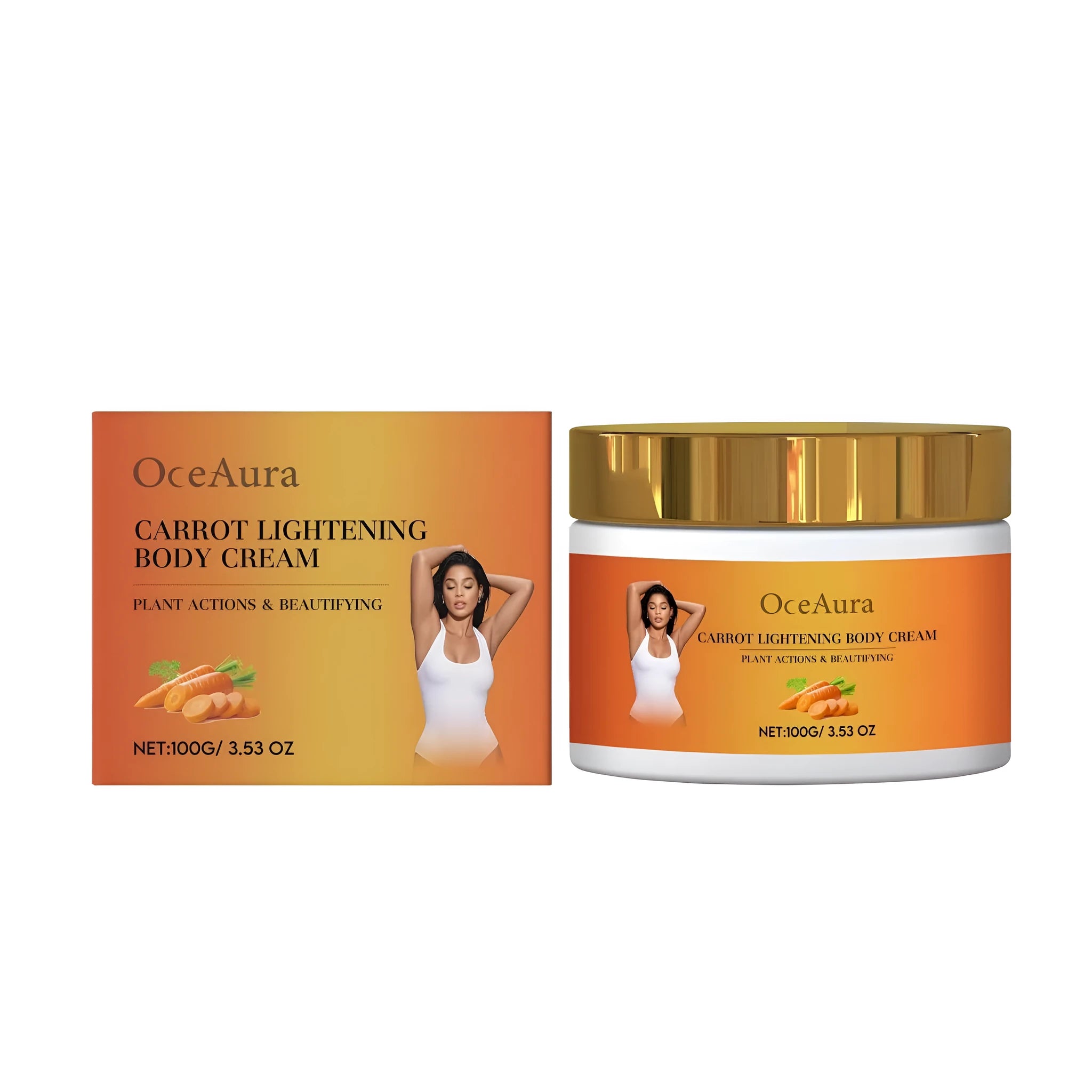 100g jar of Carrot Lightening Body Cream with licorice root and vitamin C.