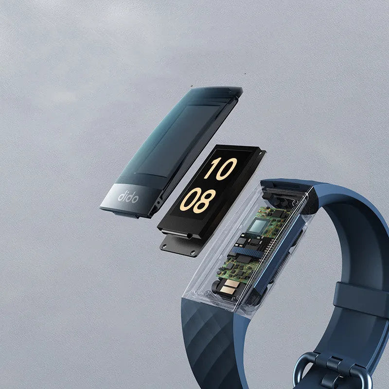 Black smart health monitoring bracelet with a 1.1-inch screen on a wrist strap.