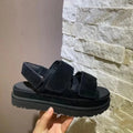 Women's maroon plus size peep toe sandals with a suede upper, platform sole, and Velcro strap.