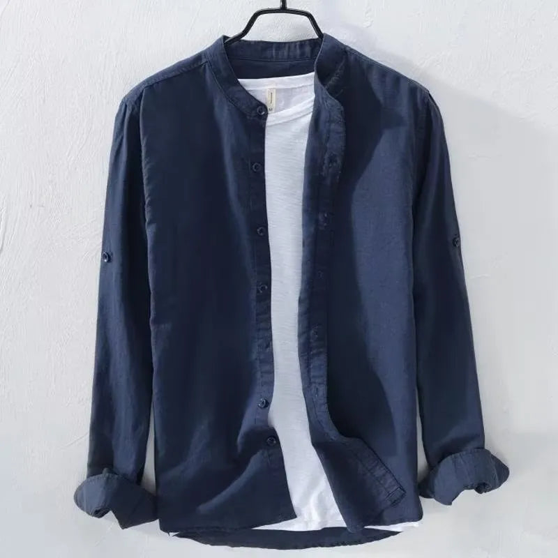 Men's loose fit long sleeve cotton linen shirt in solid colour with button-up front